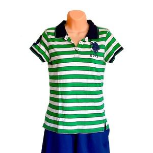 US Polo Assn. T-shirt collared cotton green striped Youth Sz L / W Sz Sm